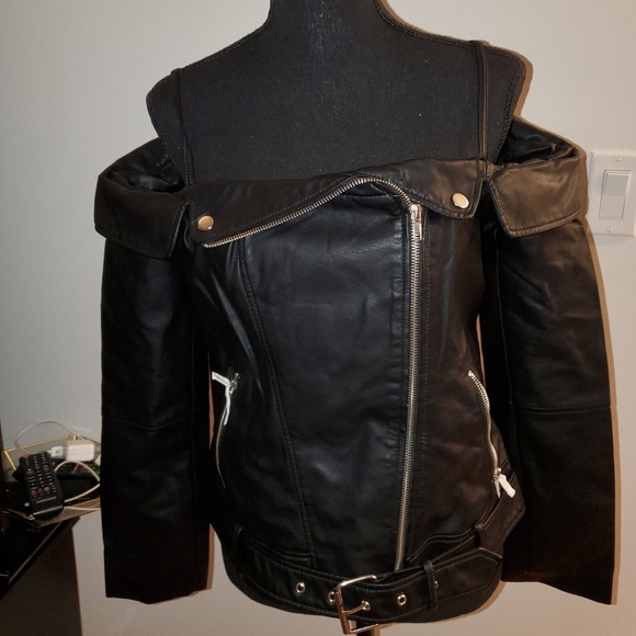 Vegan Leather Off the Shoulder Moto Jacket shirt - Picture 3 of 3
